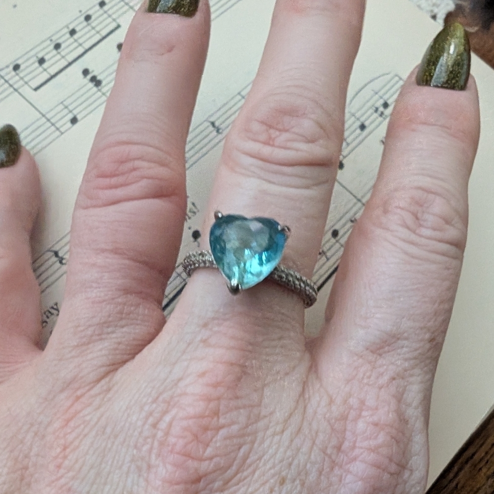 Heart-Shaped Blue Gemstone Silver Ring Size 7